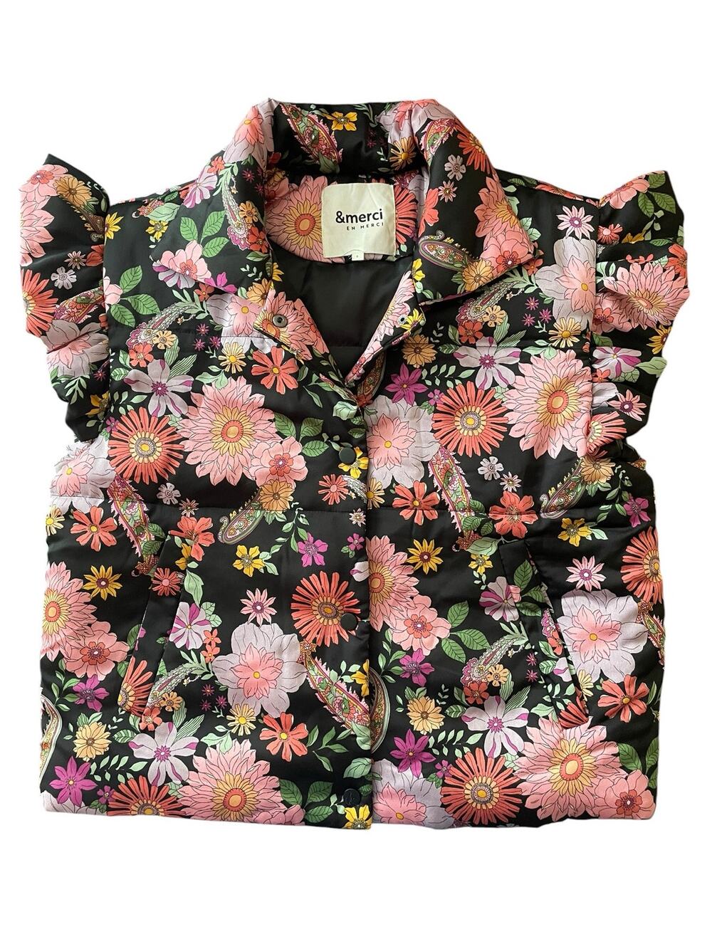 &merci Floral Puffer Vest Ruffle Flutter Sleeve Snap Front Size Small